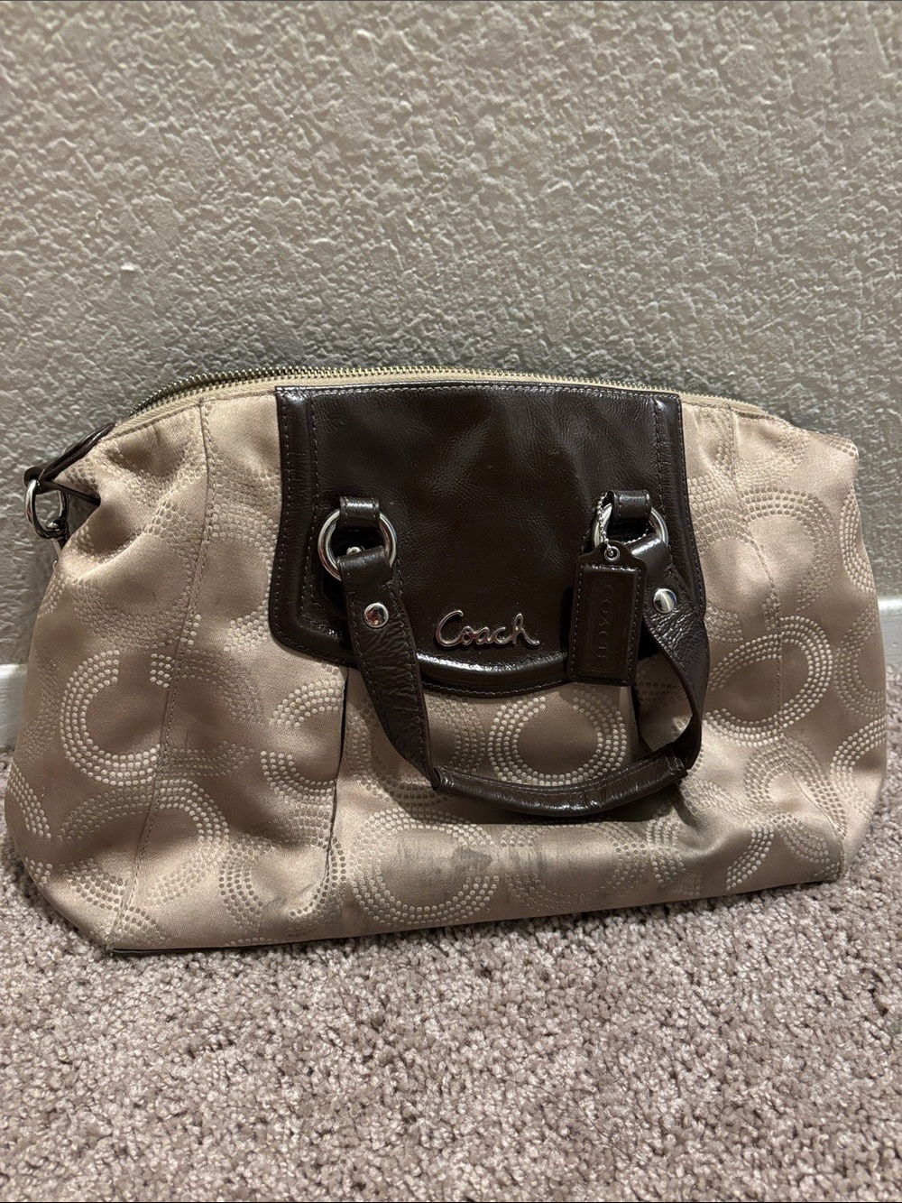 Coach Neutral Signature Shoulder Bag with Dark Brown Trim